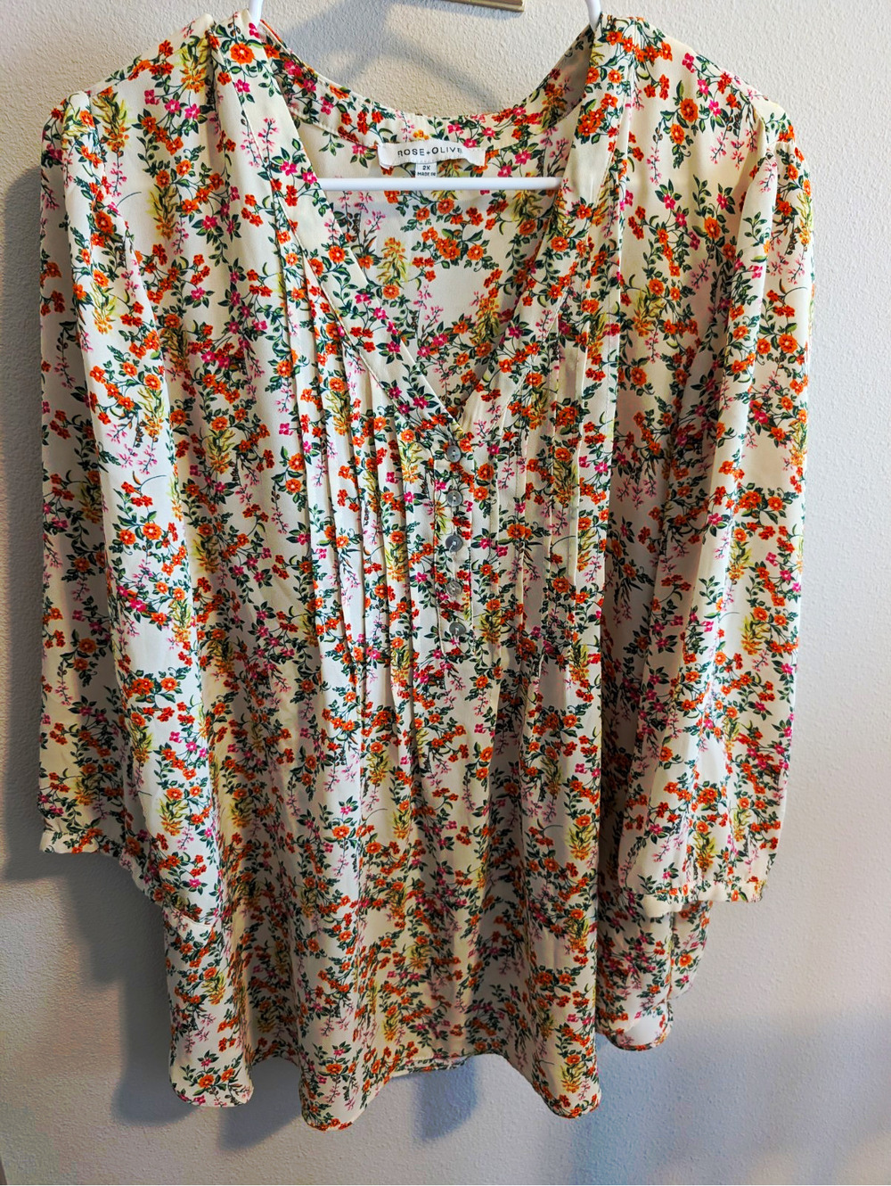 Rose+Olive Women's 2X Floral V-Neck Long Sleeve Pleated Blouse Fairy Cottagecore